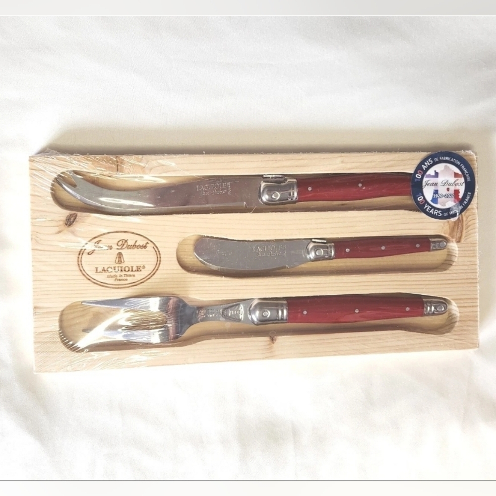 Jean Dubost Laguiole 3pc Cheese Set in Red. Made in France.